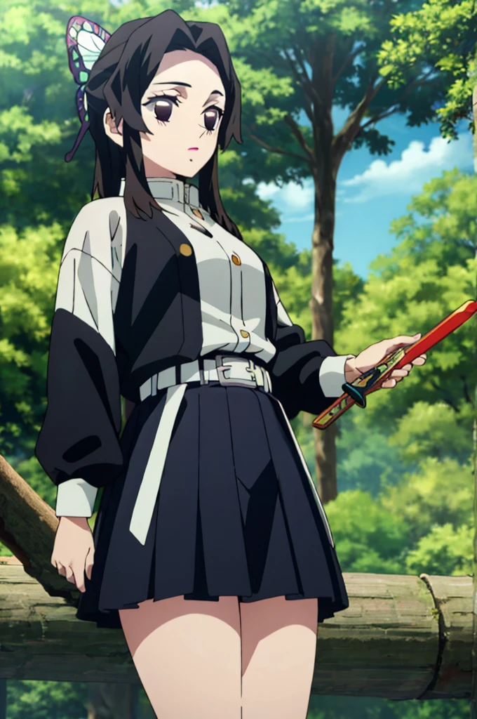 ((masterpiece, best quality, highres)), depth of field, BREAK, 1girl, standing, cowboy shot, holding sword,
BREAK, (outdoor, forest),
BREAK, brown eyes, white pupils, long hair, brown hair, red fade, BREAK, butterfly haori, black jacket, long sleeves, belt, pleated skirt, black skirt,