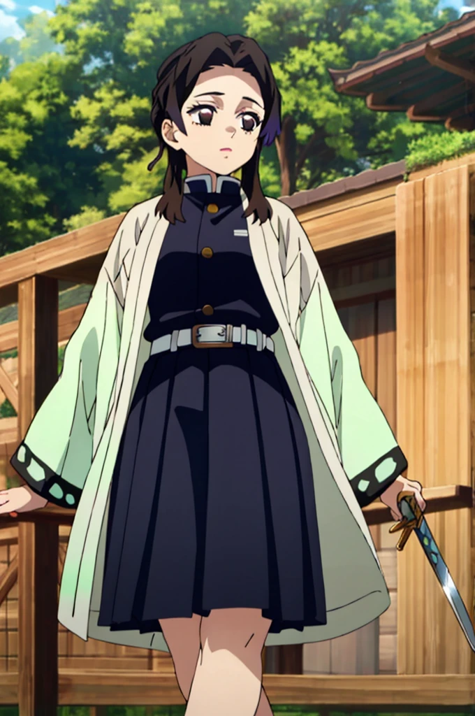 ((masterpiece, best quality, highres)), depth of field, BREAK, 1girl, standing, cowboy shot, holding sword,
BREAK, (outdoor, forest),
BREAK, brown eyes, white pupils, long hair, brown hair, red fade, BREAK, butterfly haori, black jacket, long sleeves, belt, pleated skirt, black skirt,