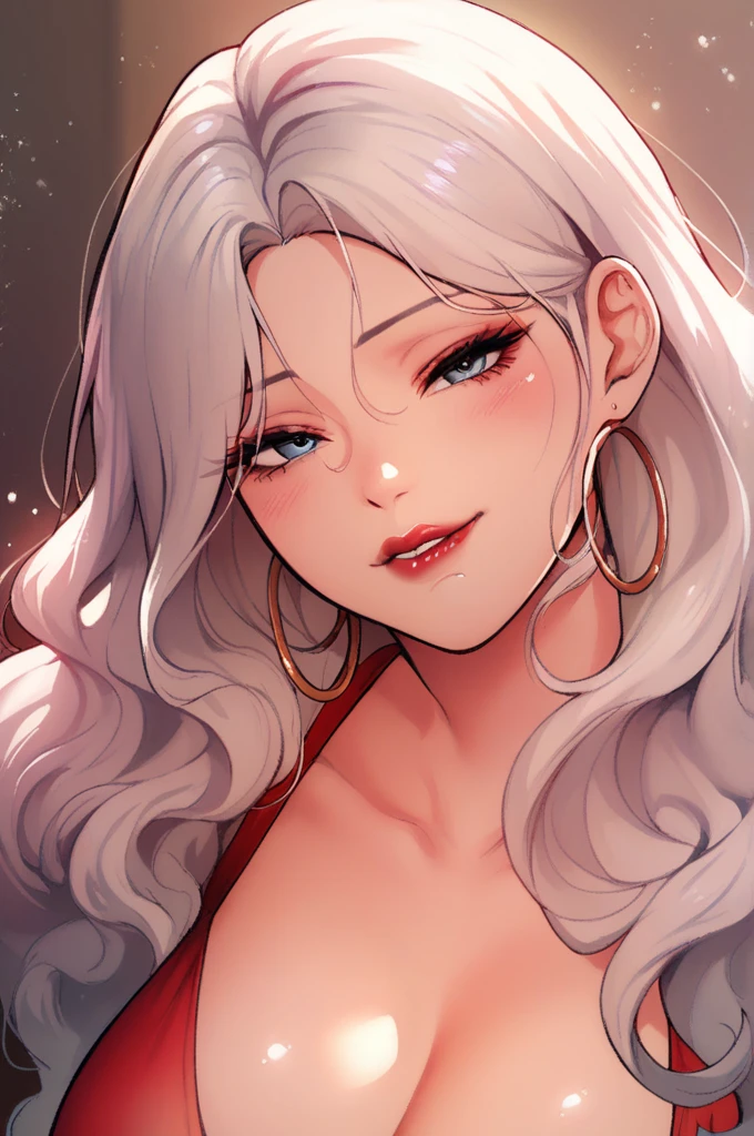 score_9, score_8_up, score_7_up, score_6_up, score_5_up, score_4_up, yu hee, blue eyes, white hair, long hair, large breasts,hoop earrings, biting lips ,red lipstick,wavy hair, biting lips,see through dress