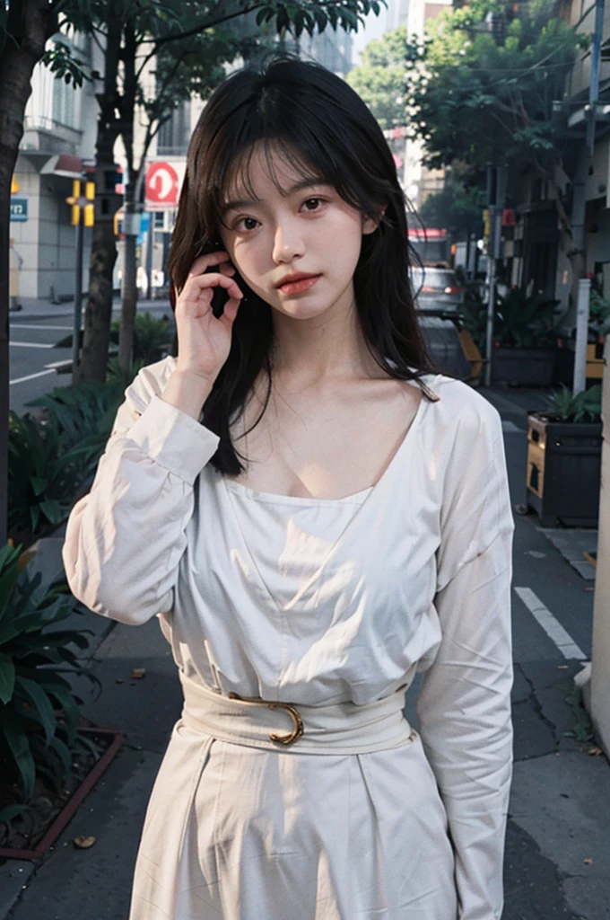 8K,best qualtiy,tmasterpiece,Ultra-high resolution,(Reality:1.4),RAW photogr,(True skin texture:1.3),(filmgrain:1.3),1个Giant Breast Girl,Beautiful eye and face details,long whitr hair,curlies,shift dresses,tmasterpiece,Best quality at best,closeup cleavage,The upper part of the body,looking at viewert,The background is outdoor