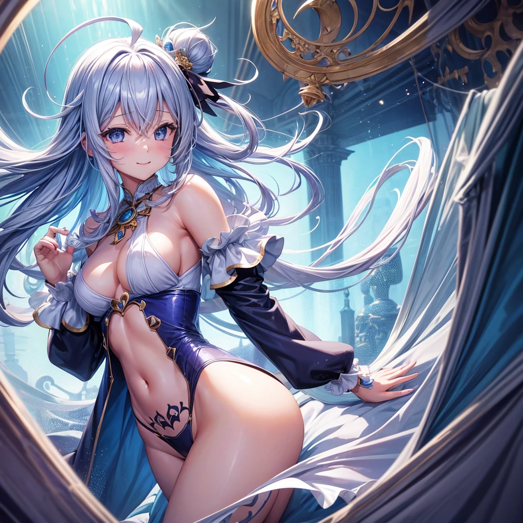1 girl, best qualityer, ultra high resolution, ahoge, fullness of the soul, looking at the viewers, medium chest, standing, ssmile, , gaping mouth, blue memories, manga curta, room, white sheets, ass pov, chest tattoo, overskirt, trunk,