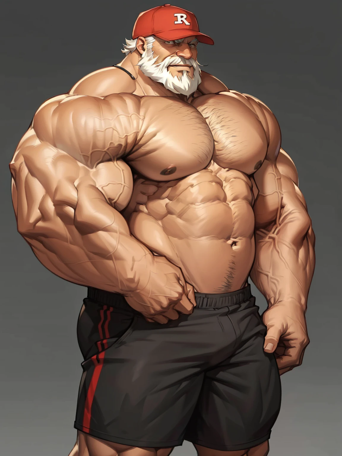 solo, 1boy, Huge Muscular Old man wearing baseball cap , pectoral, thick arms, huge pectoral, wide pectoral, short white hair, short pants and shirtless, bearded, simple background, masterpiece, high detailed, 8k, high resolution