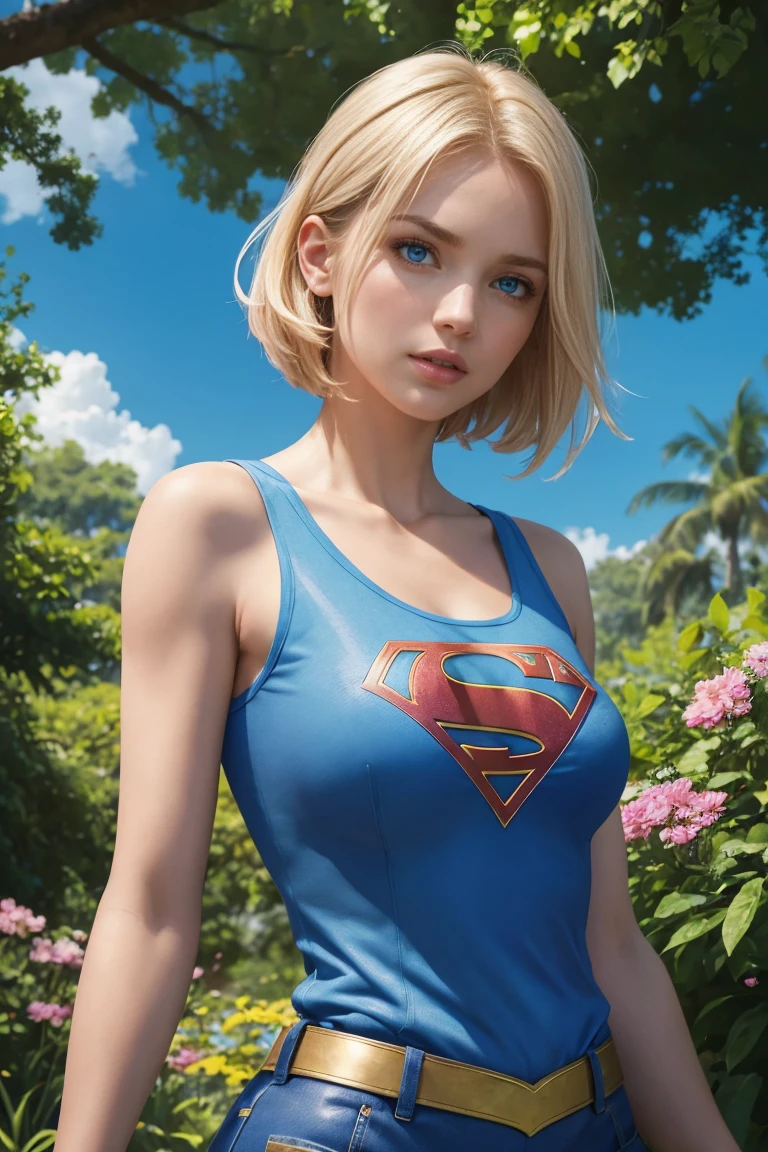 supergirl in a light blue tank top, vey detailed facial features, bright blue eyes, delicate eyebrows, plump pink lips, stylish short blonde haircut, confident expression, slender physique, standing in a lush green garden, vibrant flowers in bloom, tall trees providing shade, gentle sunlight filtering through the leaves, soft breeze rustling her hair, colorful butterflies fluttering around, blue sky with fluffy white clouds, high resolution artwork, vivid and realistic depiction, professional illustration, warm and vibrant color palette, natural lighting accentuating her features, red supergirl logo on her shirt
