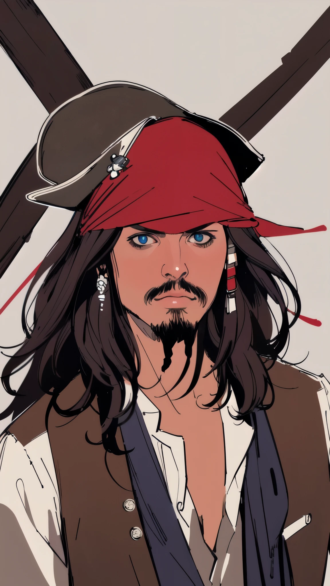 (masterpiece:1.2, Highest quality),8K,wallpaper,(An illustration),(Jack Sparrow), Upper body close-up,front,Dressed in a pirate costume,Perfect Eyes,Detailed face,,Cool guy