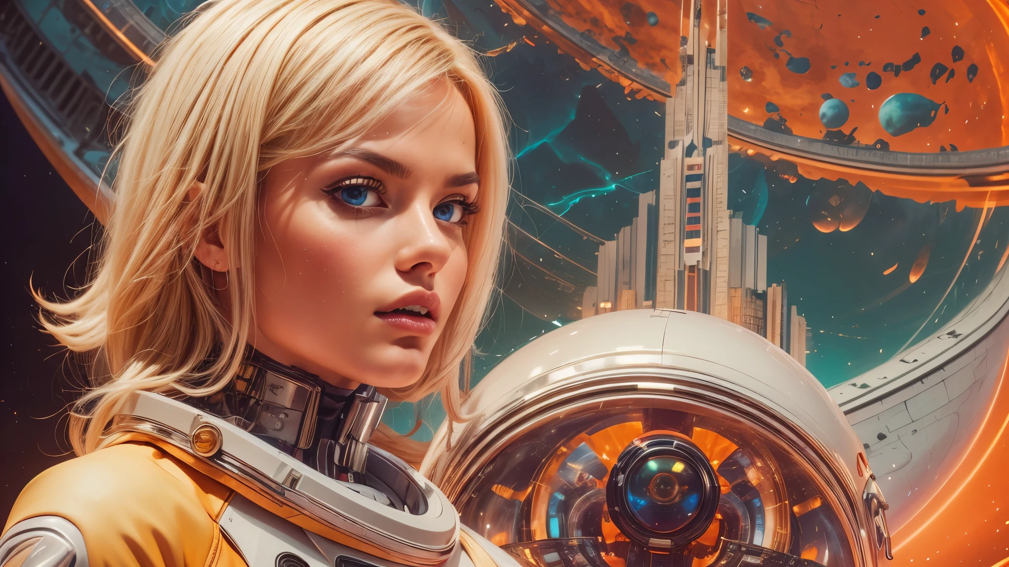 arafed image of a white woman in a futuristic suit with a spaceship in the background, movie art, in front of an orange background, inspired by Robert McGinnis, female protagonist, megastructure in the background, portrait of an ai astronaut, astronauts, an astronaut, portrait of a astronaut skeletor, perfect android girl, detailed eyes, perfectly detailed teeth, frank franzzeta and sakimichan
