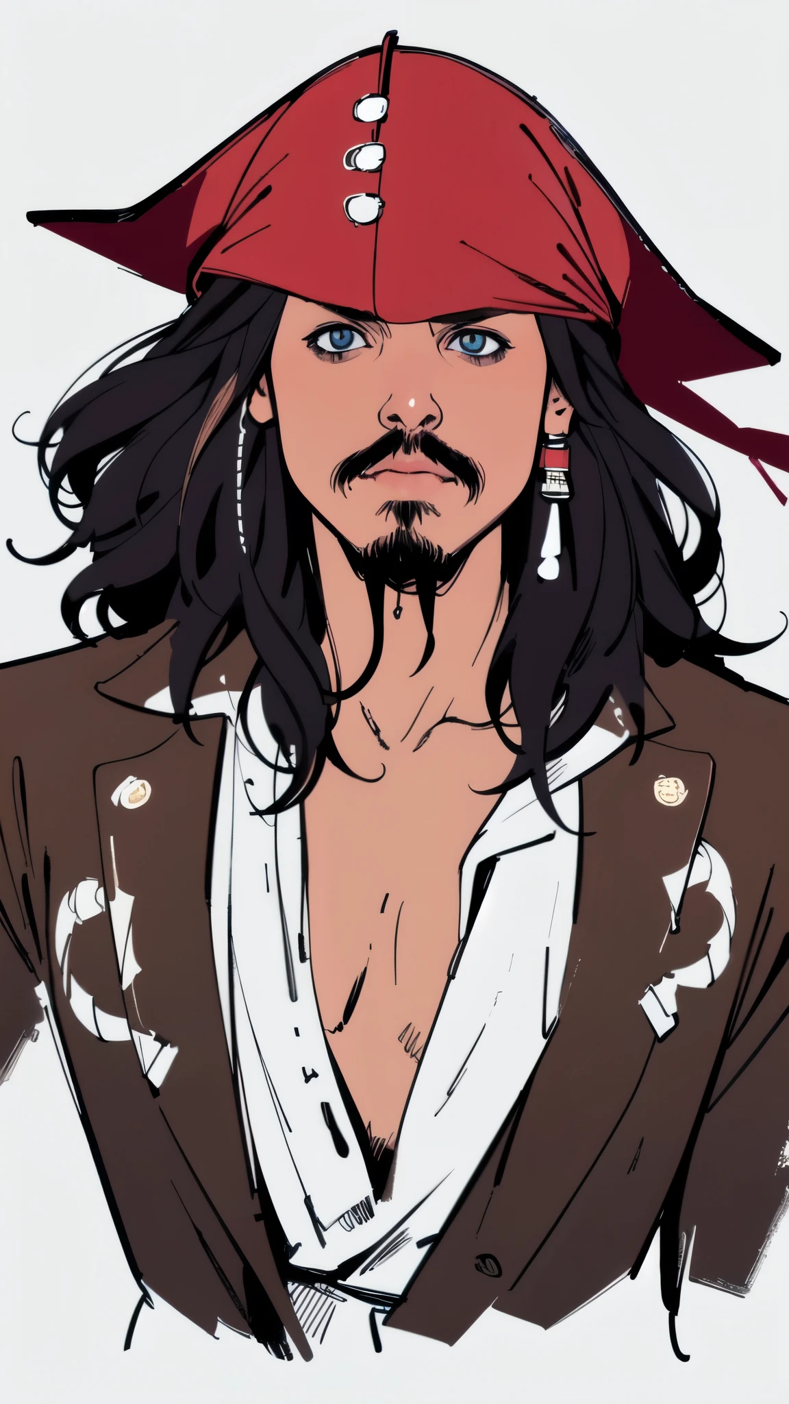 (masterpiece:1.2, Highest quality),8K,wallpaper,(An illustration),(Jack Sparrow), Upper body close-up,front,Dressed in a pirate costume,Perfect Eyes,Detailed face,,Cool guy