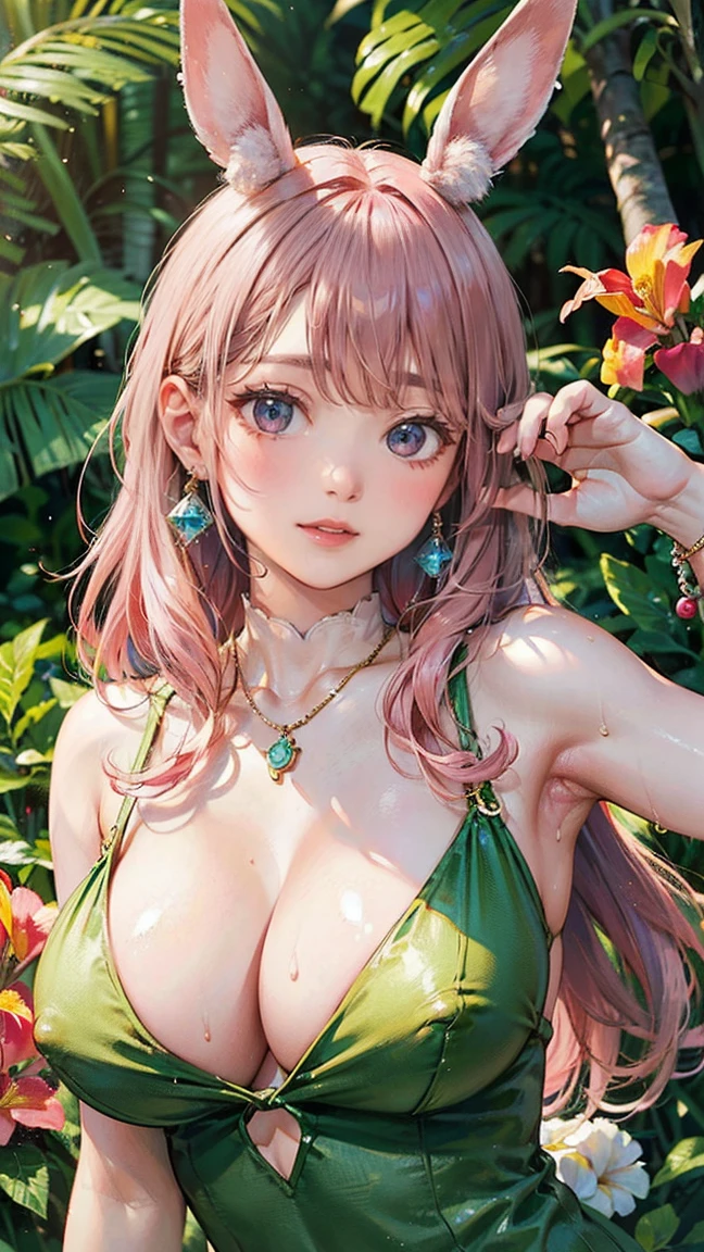 (masterpiece, Highest quality:1.3), (Super detailed:1.2), (hyperRealistic:1.3), (RAW Photos:1.2), High-definition RAW color photos, Professional photos, (PhotoRealistic:1.4), (Realistic:1.4), (Pink Hair:1.5), Professional Lighting, Perfect , (:1.2), (blush, Detailed face), (Happy smile:1.7), Trending Hair&Trending Hairカラーをランダムに, Earrings, necklace, bracelet, ,  , Random  gravure poses, ( woman in green silk dress、Tropical Garden、Elegant smile、Straight Long Hair、Posing surrounded by flowers。:1.3), ears and  tail,  pose that emphasizes the , Big cleavage,Nipple slip, Large , ,  nipples,A tense and embarrassed look, Sweat, blushする, My body is soaked,