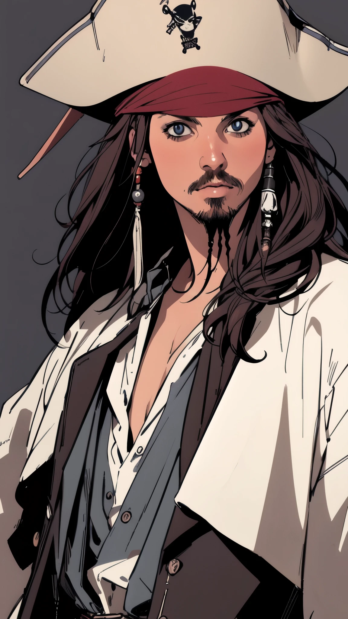 (masterpiece:1.2, Highest quality),8K,wallpaper,(An illustration),(Jack Sparrow), Upper body close-up,front,Dressed in a pirate costume,Perfect Eyes,Detailed face,,Cool guy