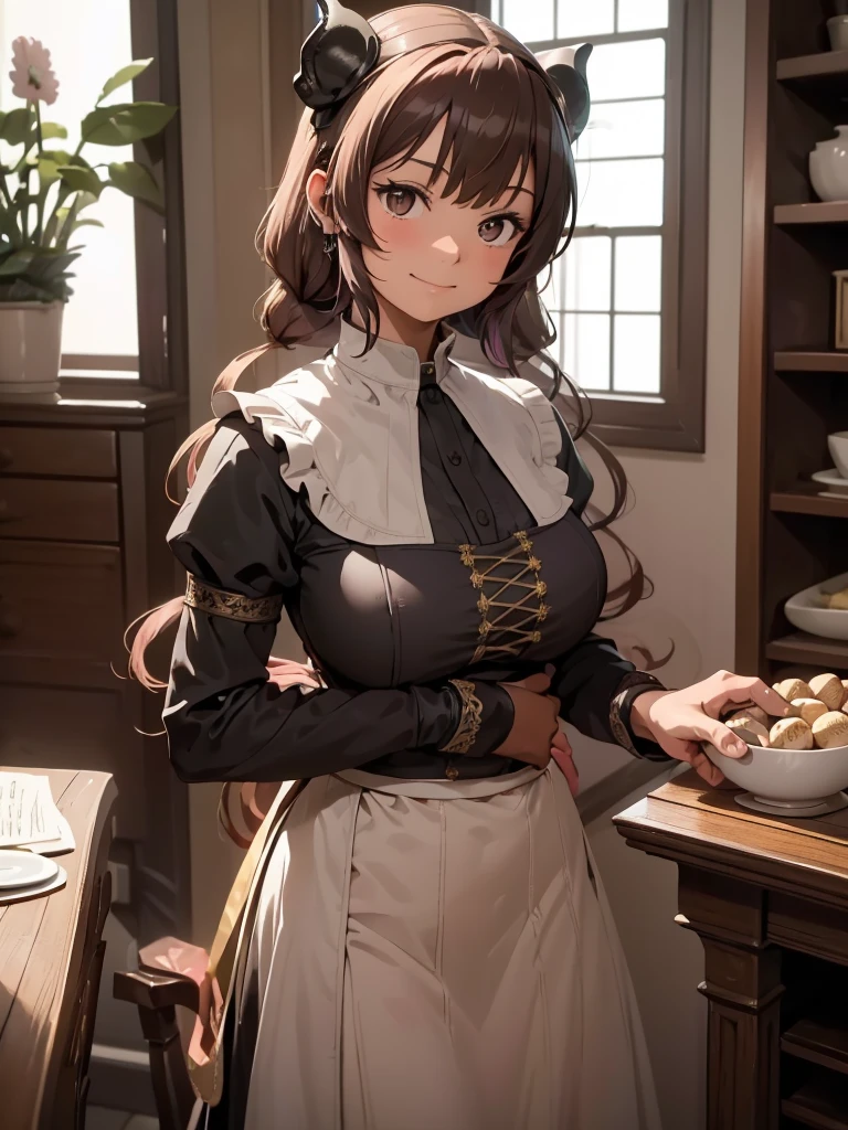 (masterpiece、top-quality、hight resolution), Picture a scene in which the protagonist is entertained by a kind, receptive, and abundantly experienced maid of honor. The maid of honor has a natural warm smile on her face, which conveys her wealth of experience and security. She is dressed in traditional chambermaid's clothing, creating a sense of calm and security. In the background is a comfortable and elegantly decorated room, emphasizing the cozy and relaxed atmosphere. The maid of honor serves with grace and care, making the hero completely relaxed and cared for. The maid of honor's main focus is to ensure the comfort of the protagonist, which is evident in her every action and facial expression.