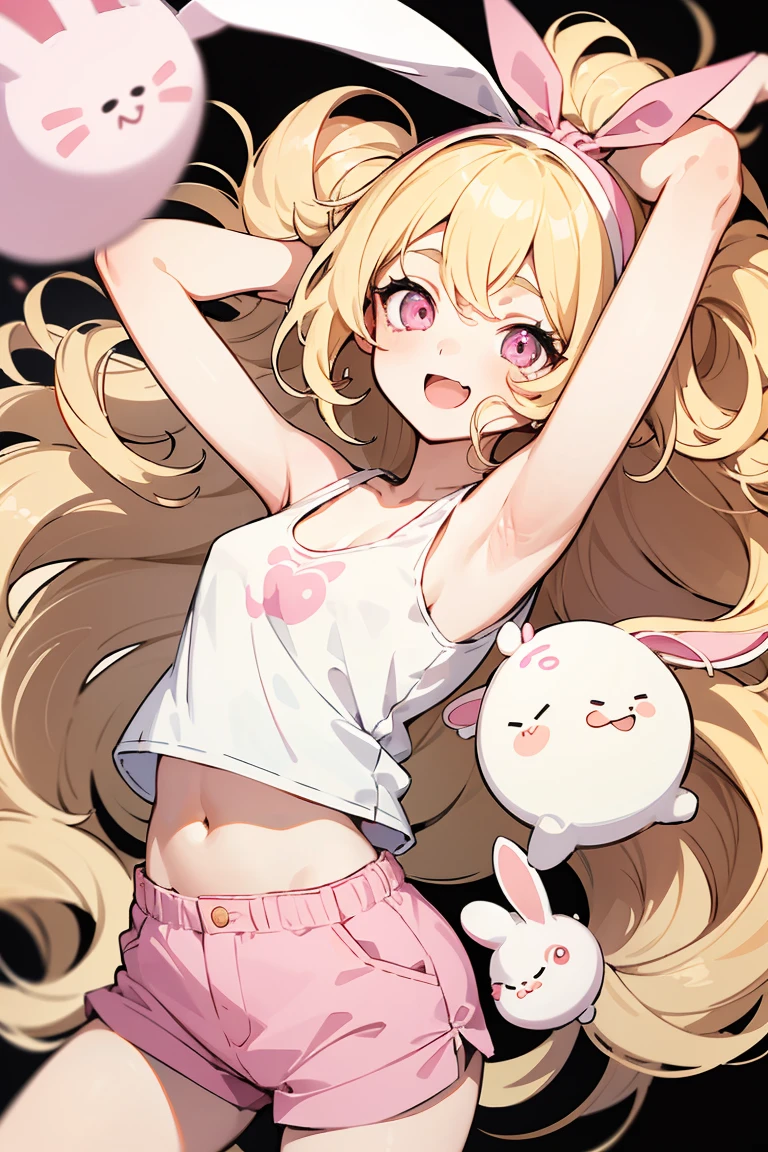 masterpiece, high quality, perfect face, high texture, 1 girl, 1 person, anime, cute face, insane expression, blonde hair, loose hair, long wavy hair, eyes open wide, big eyes, round eyes, pink eyes, small breasts, armpits, white tank top, pink short pants, look toward camera, smiling widely, pink bunny ribbon headband