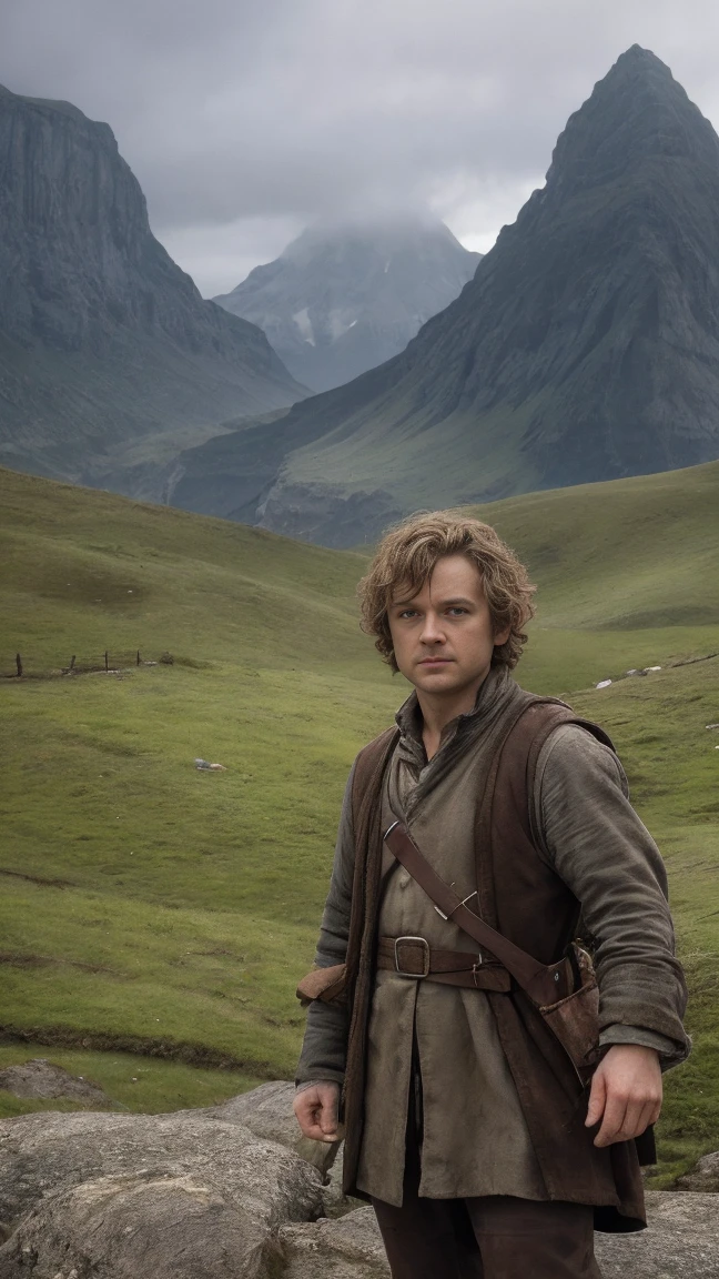 Martin John Christopher Freeman as Bilbo Baggins or the Hobbit There and Back Again,curly hair, without shoes, barefoot, cinematic, against the backdrop of Mount Erebor Fantasy