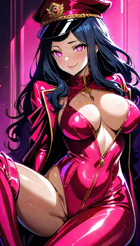(highest quality:1.2,evil lady,beautiful,cg, Very detailed, High Detail, digital coloring, High Contrast, masterpiece:1.2, highest quality, Best aesthetics), 8k,masterpiece, cute,tall,beautiful,best quality, 1lady,black hair,long hair,empty eyes, (finely detailed empty pupils and detailed face),,,,extremely detailed cg unity 8k wallpaper,solo,(latex military costume:0.9),large breasts,seductive smile,military hat,latex thighhigh,large breasts,black hair,pink eyes,pink leotard,pantyhose,military coat,enamel suits,grossy lips,sitting,,sadistic smile,,heel,shiny skin,military coat,detailed face,beautiful body,full-body,adult,leotard,show me breasts,sadistic,seductive smile,enamel leotard,latex,