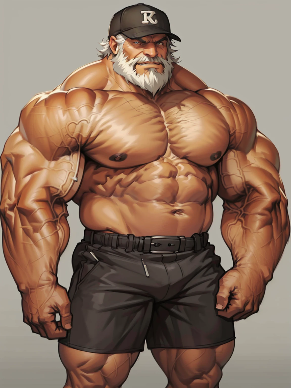 solo, 1boy, Huge Muscular Old man wearing baseball cap , pectoral, thick arms, huge pectoral, wide pectoral, short white hair, short pants and shirtless, bearded, simple background, masterpiece, high detailed, 8k, high resolution