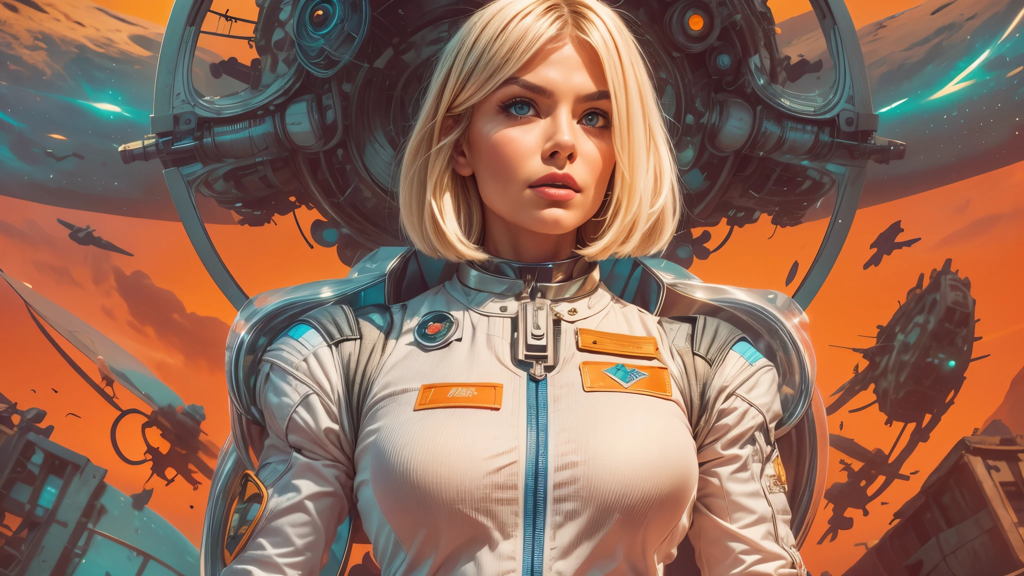 arafed image of a white woman in a futuristic suit with a spaceship in the background, movie art, in front of an orange background, inspired by Robert McGinnis, female protagonist, megastructure in the background, portrait of an ai astronaut, astronauts, an astronaut, portrait of a astronaut skeletor, perfect android girl, detailed eyes, perfectly detailed teeth, frank franzzeta and sakimichan