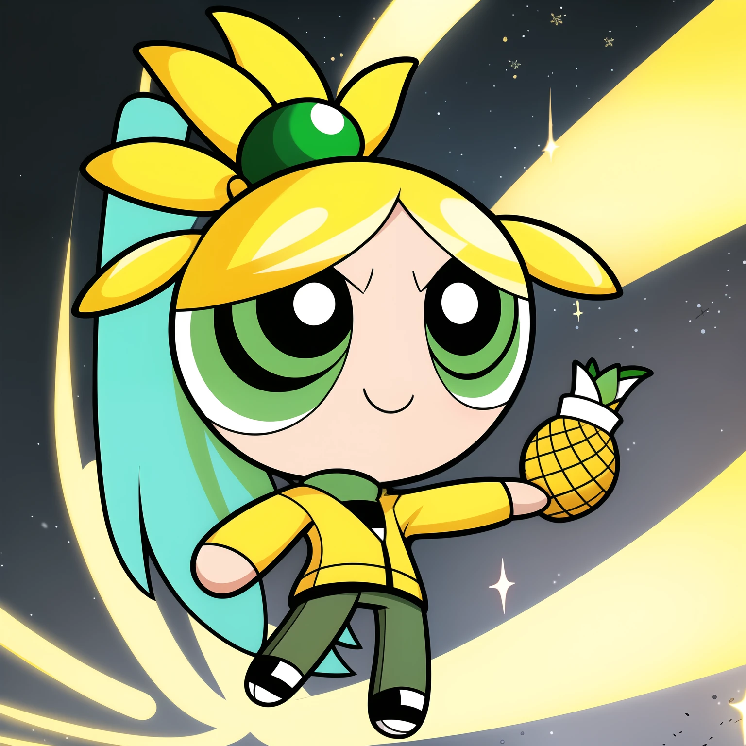 cute smile, full body, 1girl , chibi, yellow pineapple, green eyes, yellow jacket, oversized clothes, hair ornament, multicolored hair,