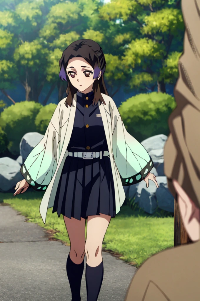 ((masterpiece, best quality, highres)), depth of field, BREAK, 1girl, standing, cowboy shot, holding sword,
BREAK, (outdoor, forest),
BREAK, brown eyes, white pupils, long hair, hair down, brown hair, red fade, BREAK, butterfly haori, black jacket, long sleeves, belt, pleated skirt, black skirt,