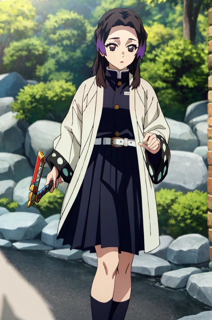 ((masterpiece, best quality, highres)), depth of field, BREAK, 1girl, standing, cowboy shot, holding sword,
BREAK, (outdoor, forest),
BREAK, brown eyes, white pupils, long hair, hair down, brown hair, red fade, BREAK, butterfly haori, black jacket, long sleeves, belt, pleated skirt, black skirt,