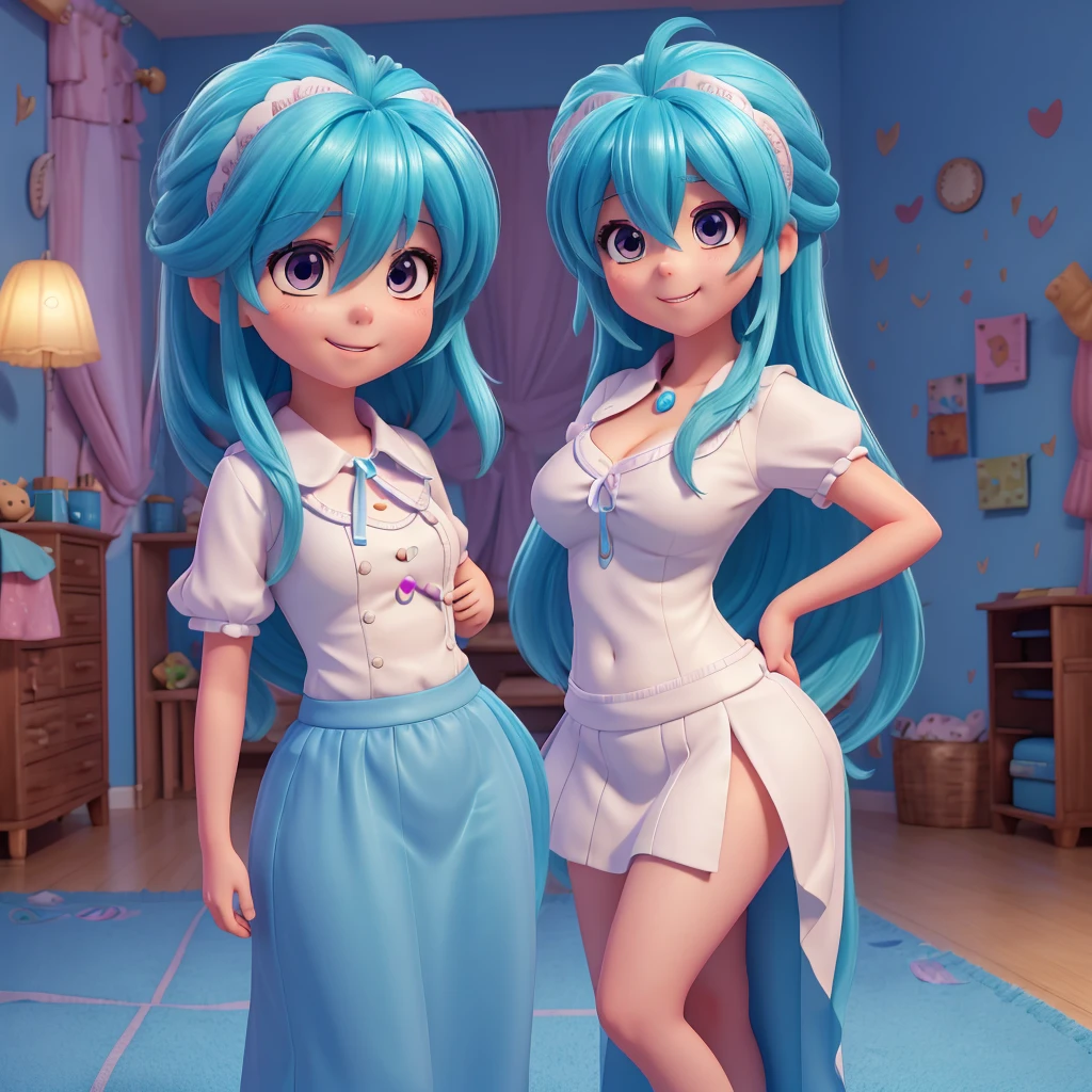 1 girl, best qualityer, ultra high resolution, ahoge, fullness of the soul, looking at the viewers, medium chest, standing, ssmile, , gaping mouth, blue memories, manga curta, room, white sheets, ass pov, chest tattoo, overskirt, trunk,