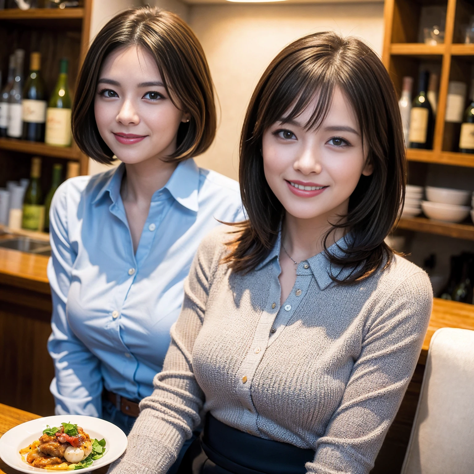 ((Highest quality、8K、masterpiece:1.3))、1 male、1 female、Couple、spouse、Couple、The body is slim、((Bob Hale、Straight hair:1.2)), (Realistic, Intricate details:1.2), テーブルの上のwine glass、Put the light on your face、 Amazing view of the sunset sky and clouds、Amazing mountain views、A bright smile、The wonderfulness of smile、Bright image、The beauty of wine, Beautiful Face, blue eyes, The light shines on your face, Blushing, short hair,Bright Face、 (Age 37), 39 years old, red wine 、Appetizers、Italian food、Wine bottle、Champagne、sparkling wine、Two beauties、Brown Hair、Shortcuts、Long sleeve shirt、dress、Beautiful woman 1, (slimな顔), (The body is slim), (Brown Hair), (Shortcuts), cheeks turn a little red,Attractive beauty、restaurant, In a prominent place (From the waist up) Nova Frog Style, actress, model, Upper Body, White wine, slim, wine glass, 中央に置かれたwine glass, smile, (smile: 1.15), Beautiful fine grain, Depth f/2,saturation, High Contrast, Strong light and shadow,Moist Body:1.5、3D texture、Delicate eyes、Brown Hair、The hair is very shiny、