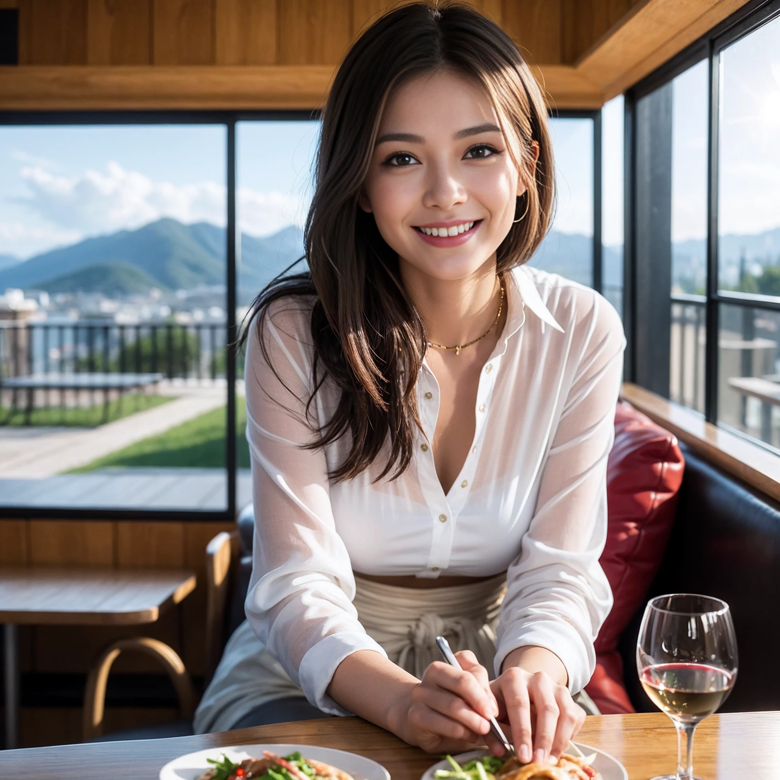 ((Highest quality、8K、masterpiece:1.3))、1 male、1 female、Couple、spouse、Couple、The body is slim、((Bob Hale、Straight hair:1.2)), (Realistic, Intricate details:1.2), テーブルの上のwine glass、Put the light on your face、 Amazing view of the sunset sky and clouds、Amazing mountain views、A bright smile、The wonderfulness of smile、Bright image、The beauty of wine, Beautiful Face, blue eyes, The light shines on your face, Blushing, short hair,Bright Face、 (Age 37), 39 years old, red wine 、Appetizers、Italian food、Wine bottle、Champagne、sparkling wine、Two beauties、Brown Hair、Shortcuts、Long sleeve shirt、dress、Beautiful woman 1, (slimな顔), (The body is slim), (Brown Hair), (Shortcuts), cheeks turn a little red,Attractive beauty、restaurant, In a prominent place (From the waist up) Nova Frog Style, actress, model, Upper Body, White wine, slim, wine glass, 中央に置かれたwine glass, smile, (smile: 1.15), Beautiful fine grain, Depth f/2,saturation, High Contrast, Strong light and shadow,Moist Body:1.5、3D texture、Delicate eyes、Brown Hair、The hair is very shiny、