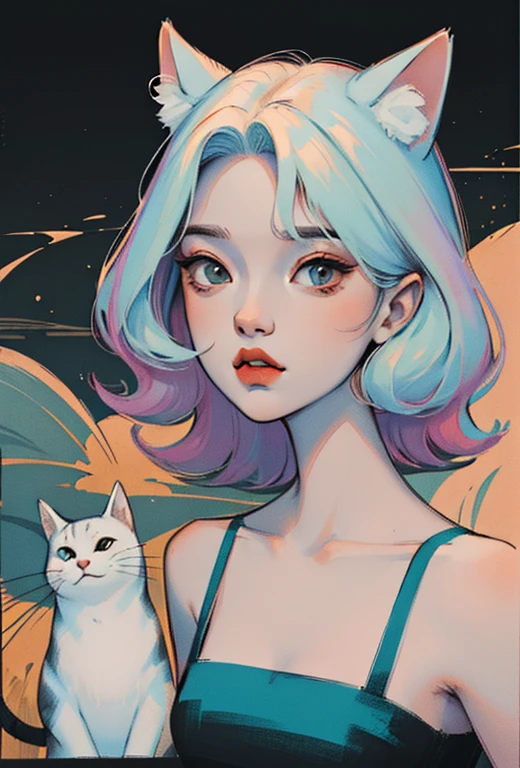 (Best quality,4K,8K,high resolution,masterpiece:1.2),Extremely detailed,Anime portrait,retro doodle,Cat,Shoulder,skirt,comic line art,Low saturation,Pastel,Retro Style,Stylized Lighting