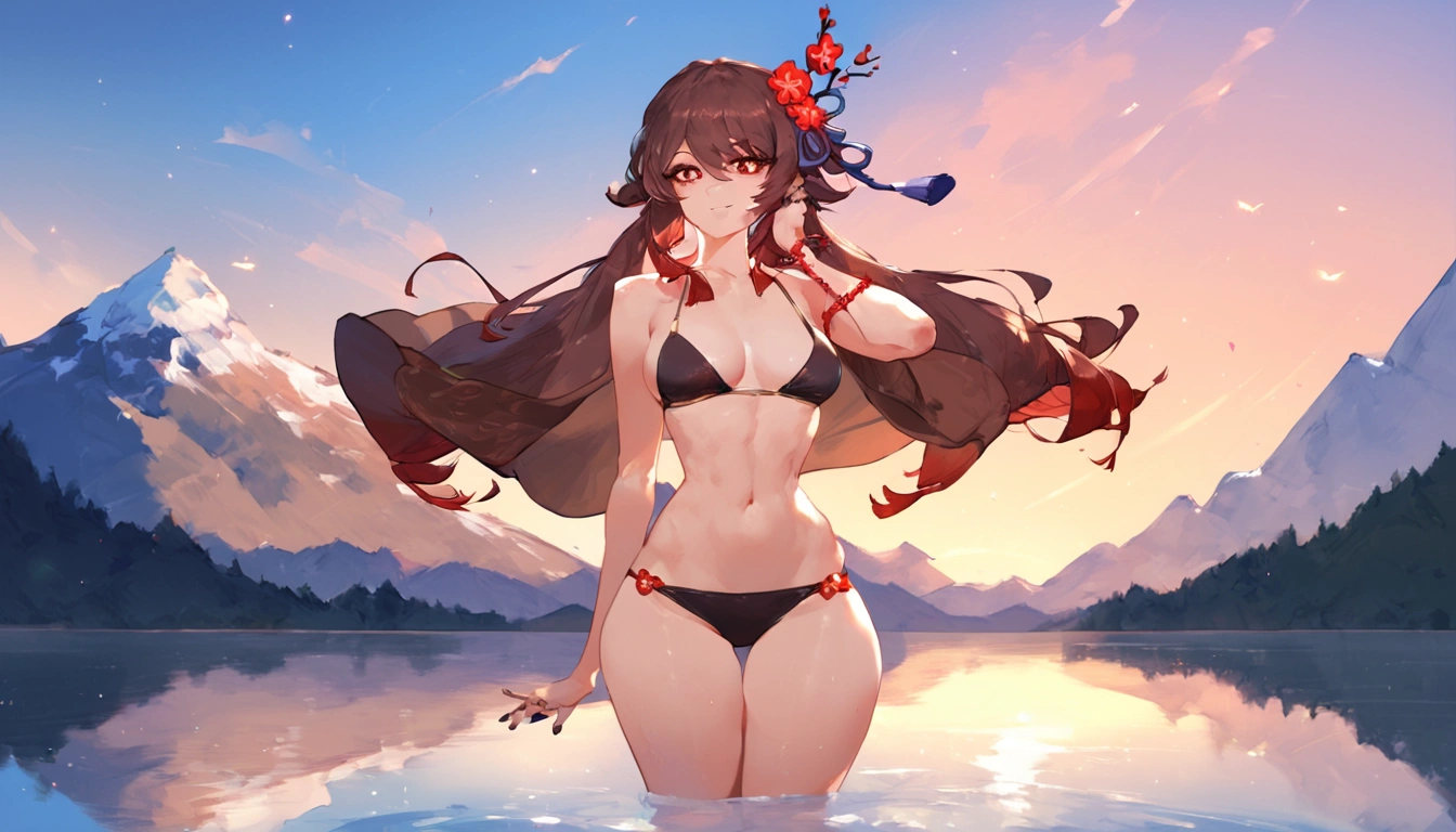 score_9, score_8_up, score_9_up, , masterpiece, high quality, highly detailed, 1girl, hu tao, thin waist, bikini, lake, mountains, 
