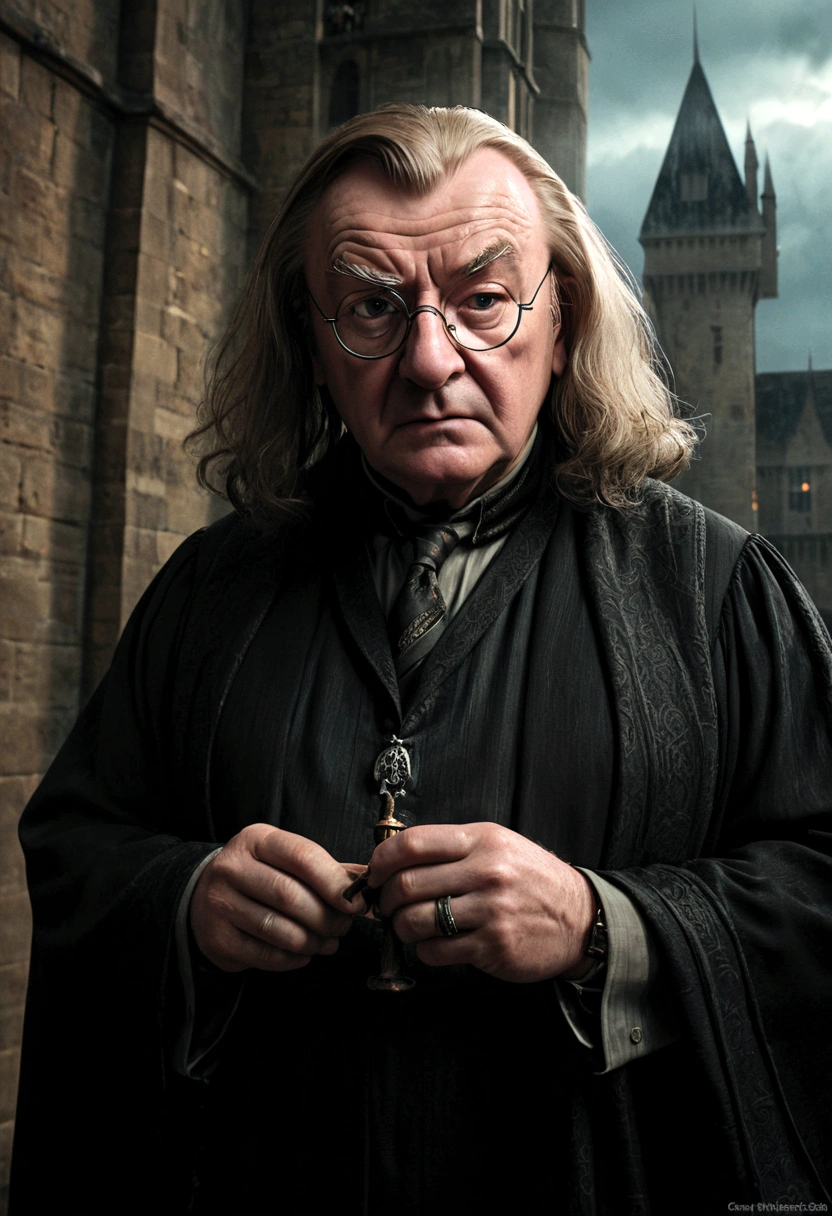 alastor moody, hogwarts castle, 1976, middle-aged wizard, tense expression, dark magic, wand raised, detailed facial features, dark robes, gloomy lighting, dramatic shadows, moody atmosphere, turbulent skies, castle turrets and towers, wizarding school, photorealistic, cinematic, highly detailed