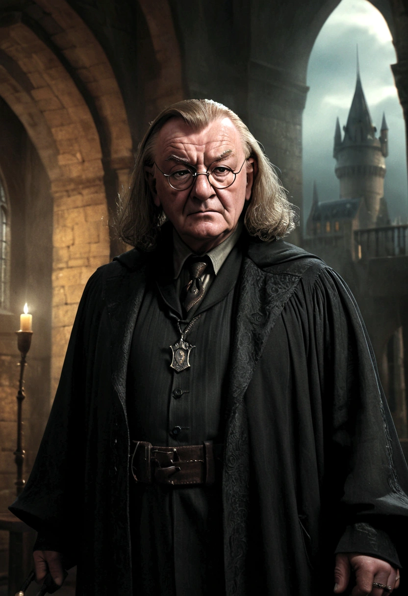 alastor moody, hogwarts castle, 1976, middle-aged wizard, tense expression, dark magic, wand raised, detailed facial features, dark robes, gloomy lighting, dramatic shadows, moody atmosphere, turbulent skies, castle turrets and towers, wizarding school, photorealistic, cinematic, highly detailed