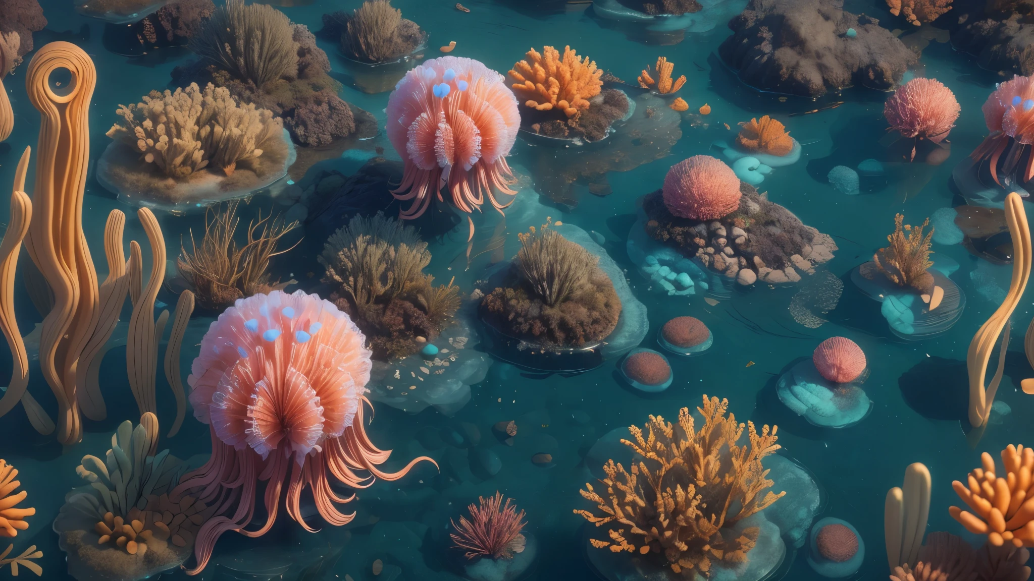 Masterpiece, best quality, (very detailed CG unity 8k wallpapers), (best quality), (best illustrations), (best shadows), marine theme with natural elements. Tall mangroves, rich marine plants, glowing jellyfish, surrounded by schools of fish, glowing particle effects,, (marine plants), (ocean theme), ((luminous algae)), (coral), ((glowing jellyfish )), ((Glow Creatures in Seawater)), ((Sea Fire)), (((Particle Effect))), Isometric 3D, Octane Rendering, Ray Tracing, Super Detailed