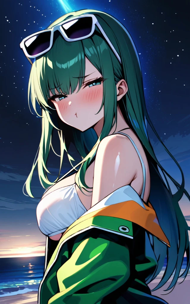 (masterpiece)、(absurdres)、(ultra detailed)、(shiny dark green hair)、(solo girl)、(dark green eyeiddle breast:0.9、(straight long hair、BREAK,(off shoulder colorful jacket,white bikini),BREAK,sunglasses on a head、half-closed eyes,from front,pout:1.1、southern Island beach、blush,Starry Sky、moonlight,