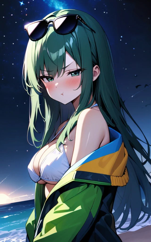 (masterpiece)、(absurdres)、(ultra detailed)、(shiny dark green hair)、(solo girl)、(dark green eyeiddle breast:0.9、(straight long hair、BREAK,(off shoulder colorful jacket,white bikini),BREAK,sunglasses on a head、half-closed eyes,from front,pout:1.1、southern Island beach、blush,Starry Sky、moonlight,