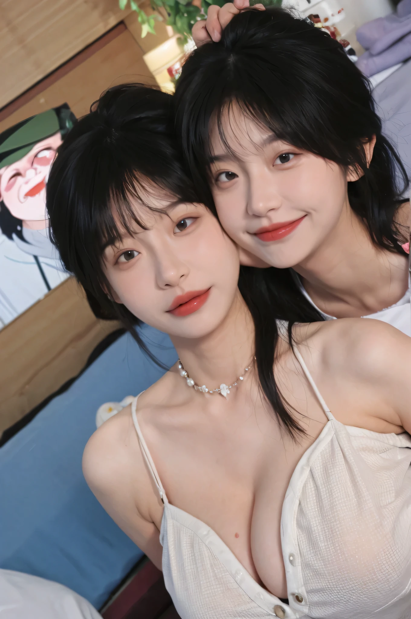 best qualtiy, Ultra-high resolution, (realisticlying:1.4),cute hairpin,Baoyu Girl,Wearing a white bandeau wedding dress,(big chest:1.2) ,A pair of clear and moving peach blossom eyes,Royal Sister,sunshine on face,Big wavy hairstyle,(choker necklace:1.2),(Fair skin:1.4),a sense of atmosphere,a beauty girl, Charming smile,head straight-looking at viewer, closeup cleavage ,(Photorealistic:1.4),2girll,sexly,(Upper body:1.4),(Wet body),(:1.4), curly hair, (facing the front:1.2),long hair、(Close your eyes and ask for a kiss:1.4),From above, ((one length haircut)),, exposedexposed cleavage, look up, raise your chin, open your mouth slightly, waiting for kiss, stick out your tongue slightly, turn your face up, look up the sky, sitting on bed, big , exposed chest, blowjob, exposed, sitting on my lap, open chest, twins, hot, sexy, tits, boobs, big tits, big