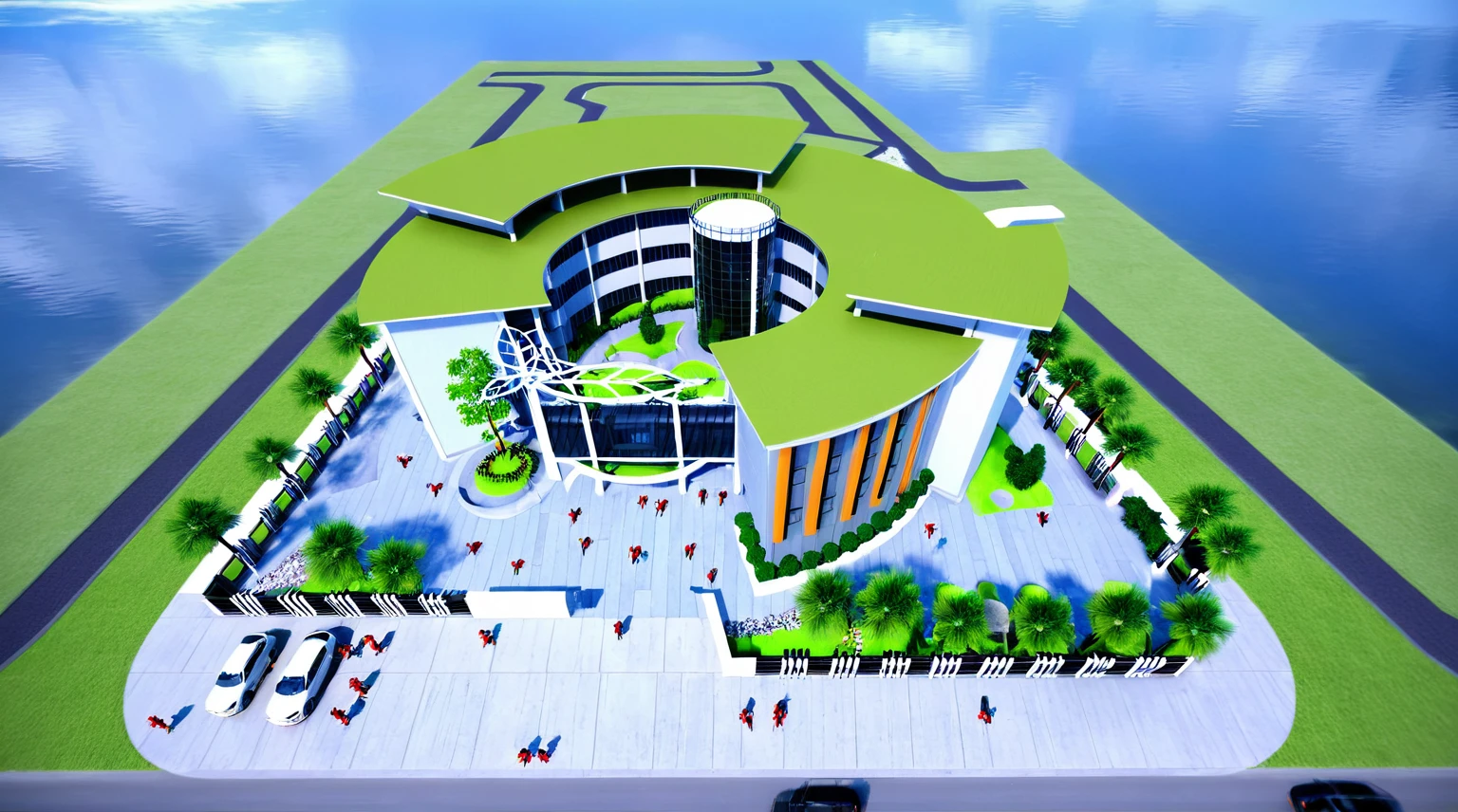 Masterpiece, high quality, best quality, authentic, super detail, outdoors, kindergarten style modern, white wall, glass windows, gate road, pavement, grass, trees, blue sky, cloud, (day:1.1), realistic lighting
