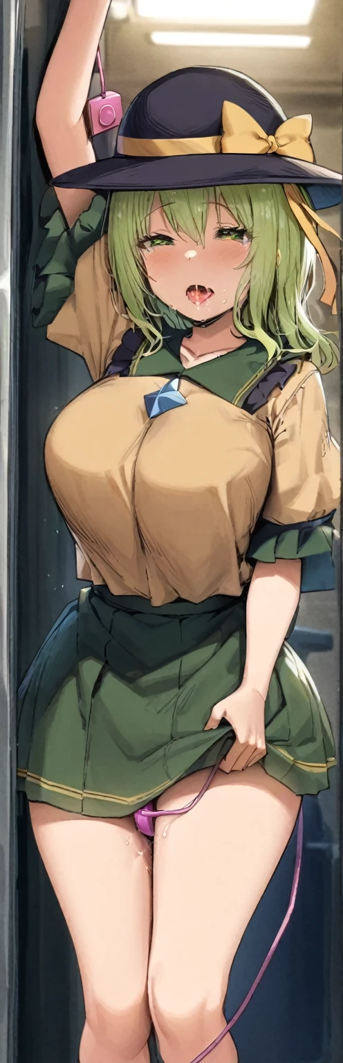 (throw_hand, pink vibrator remote switch in throw_hand, throw:1.2), Highest quality, Super detailed, masterpiece, Ultra-high resolution, 8K, Ridiculous, Cowboy Shooting, Blurred, One girl, Embarrassing, blush, Lovely, , With tears in her eyes and her mouth open, What saliva leaves behind, Wet skirt hem, Not wearing pants, Bulging of the vibrator cord, Vibrator with Garters, Subway car interior background,,Squirting、,Black Hair、Ahegao,Peeing,komeiji_koishi, 1girl, third_eye, yellow_shirt, black_hat, green_hair, frilled_sleeves, highres, frilled_shirt_collar, wide_sleeves, hat_bow, green_eyes, green_skirt, heart_of_string, yellow_bow, hat_ribbon, diamond_button, yellow_ribbon,