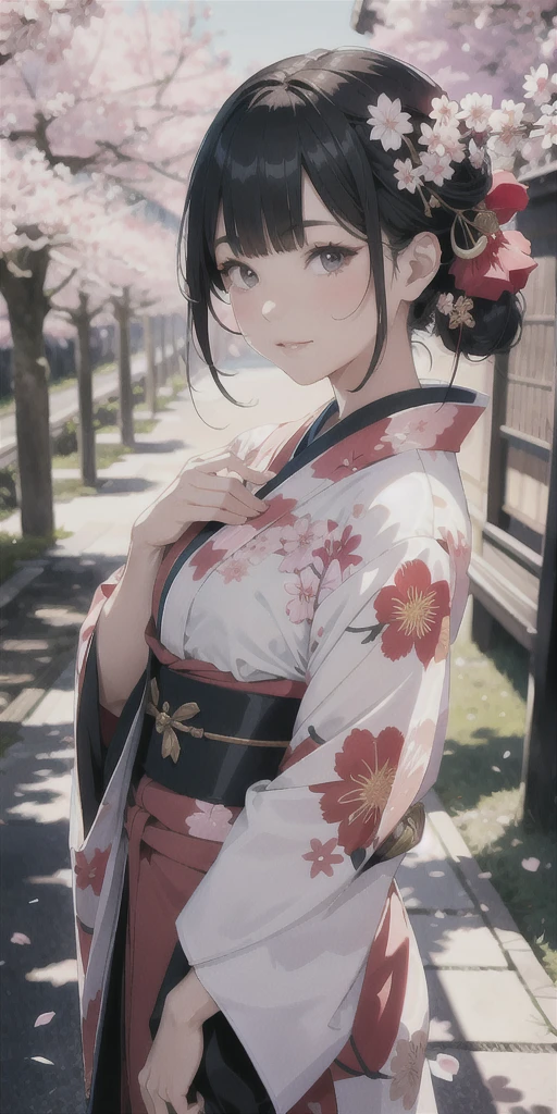 A beautiful woman in a kimono is looking sideways in a place full of cherry blossoms, a magnificent scene with cherry blossoms scattered all over the place