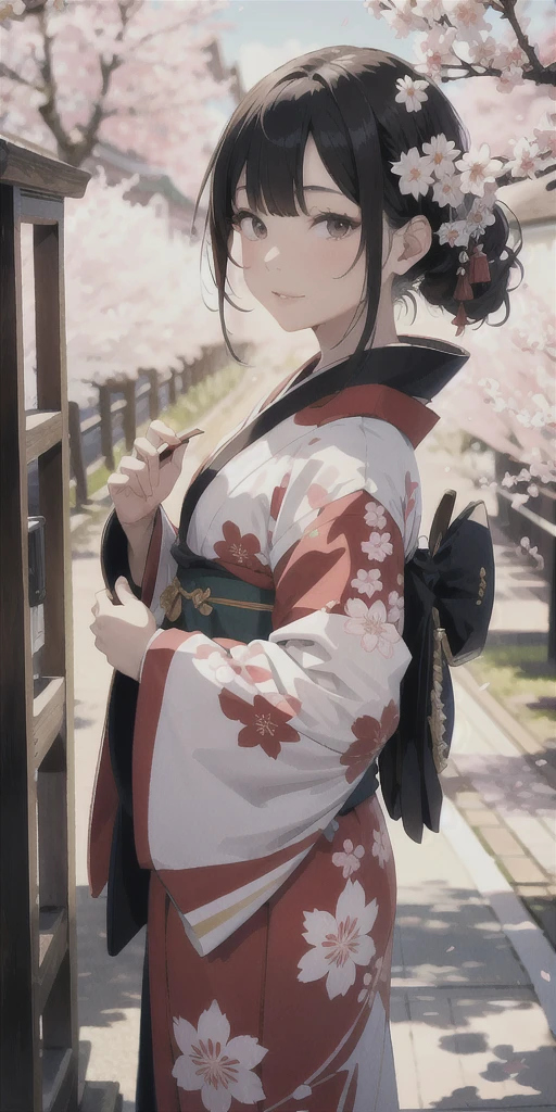 A beautiful woman in a kimono is looking sideways in a place full of cherry blossoms, a magnificent scene with cherry blossoms tered all over the place