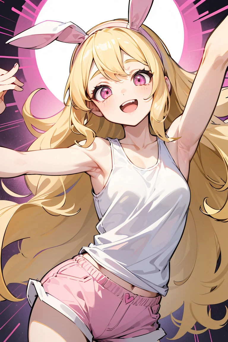 masterpiece, high quality, perfect face, high texture, 1 girl, 1 person, anime, cute face, insane expression, blonde hair, loose hair, long wavy hair, eyes open wide, big eyes, round eyes, pink eyes, small breasts, armpits, white tank top, pink woman short pants, look toward camera, smiling widely, pink bunny ribbon headband