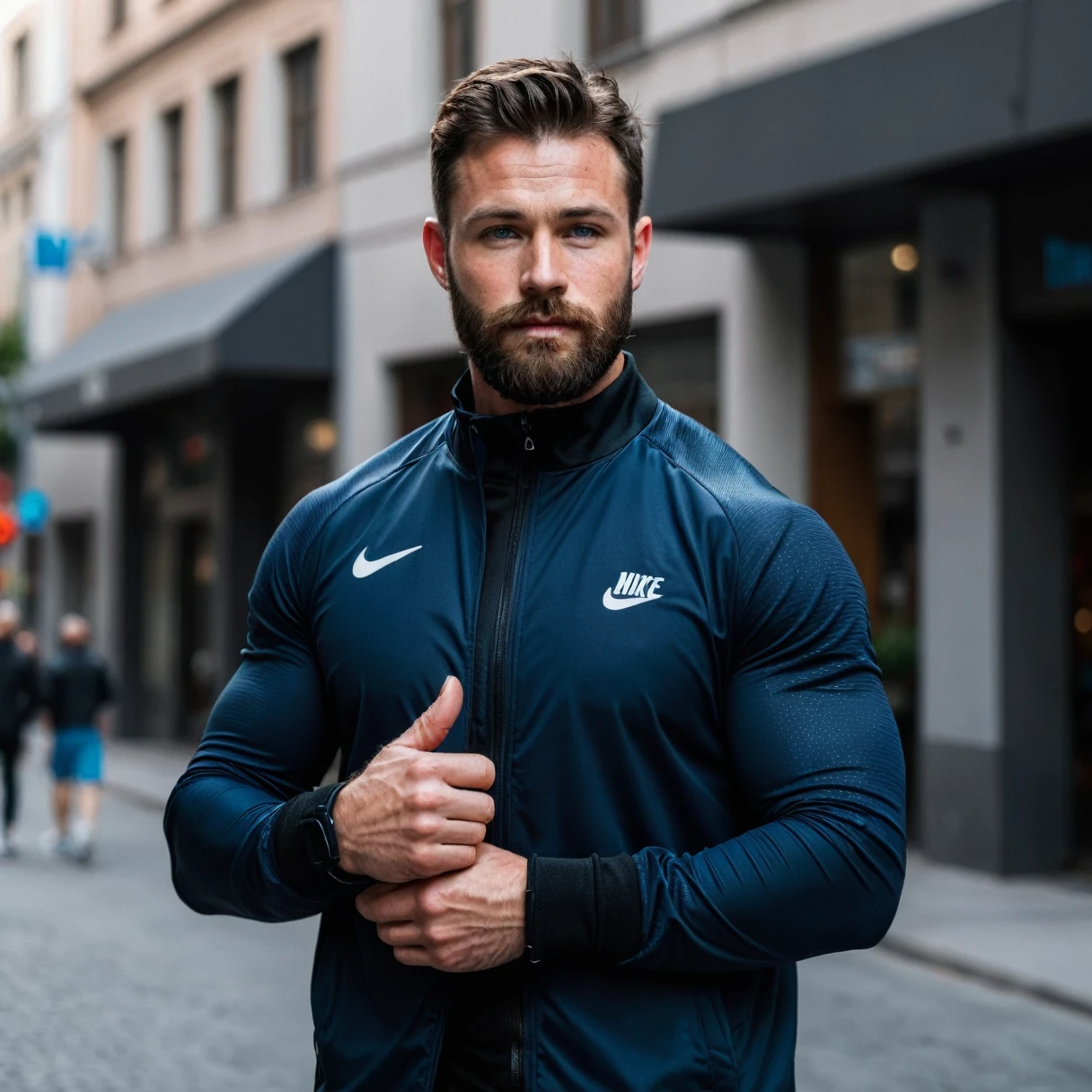 RAW-Foto, Full body shot of the man, handsome man with beard in black sportswear, he shows his muscles in a bodybuilding pose, walks along the street, standing in the city, Sporty jacket on, Brand logo from Nike on the jacket, detailed face, blue eyes, (highly detailed skin:1.2), 8K  UHD, dslr, soft lighting, good quality, film grain, Fujifilm XT3 dappled light on the face, pale skin, Hautporen, oiled, shiny skin, skin blemishes, impure skin, complicated skin details, visible skin detail, detailed skin structure, Blush, folds, Vitiligo spots, moles, Blackheads, Blackheads, white pimples, red pimples, Schönheitsfleck, Hautflaum, [[[[[freckles]]]]] (perfect eyes), ((perfect hands with four fingers and one thumb each))