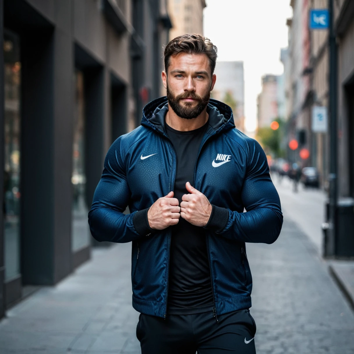 RAW-Foto, Full body shot of the man, handsome man with beard in black sportswear, he shows his muscles in a bodybuilding pose, walks along the street, standing in the city, Sporty jacket on, Brand logo from Nike on the jacket, detailed face, blue eyes, (highly detailed skin:1.2), 8K  UHD, dslr, soft lighting, good quality, film grain, Fujifilm XT3 dappled light on the face, pale skin, Hautporen, oiled, shiny skin, skin blemishes, impure skin, complicated skin details, visible skin detail, detailed skin structure, Blush, folds, Vitiligo spots, moles, Blackheads, Blackheads, white pimples, red pimples, Schönheitsfleck, Hautflaum, [[[[[freckles]]]]] (perfect eyes), ((perfect hands with four fingers and one thumb each))