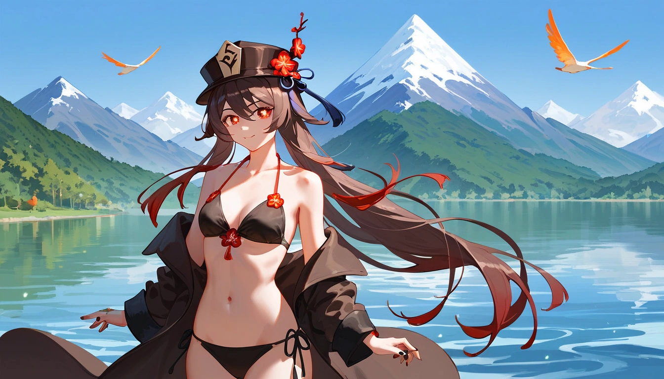 score_9, score_8_up, score_9_up, , masterpiece, high quality, highly detailed, 1girl, hu tao, thin waist, bikini, lake, mountains, 
