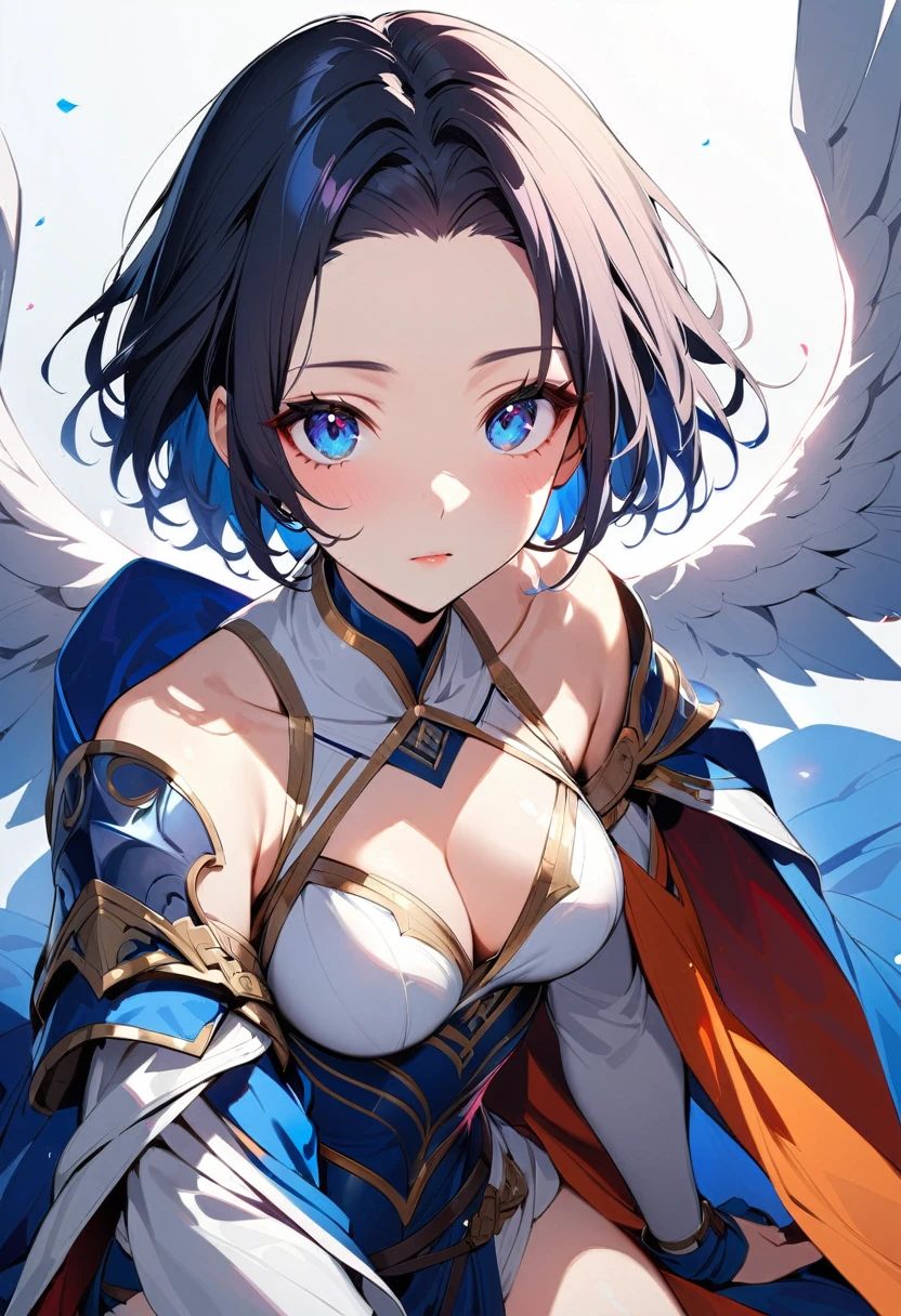 ((top quality)), ((masterpiece)), (detail), high resolution, perfect face, detailed eyes, fine eyes, BREAK (1girl), medium breasts, black hair, ((pixie cut, forehead)), (Noble knightly dress), Long robe with gorgeous patterns, vibrant colors, (simple background), light particles, 