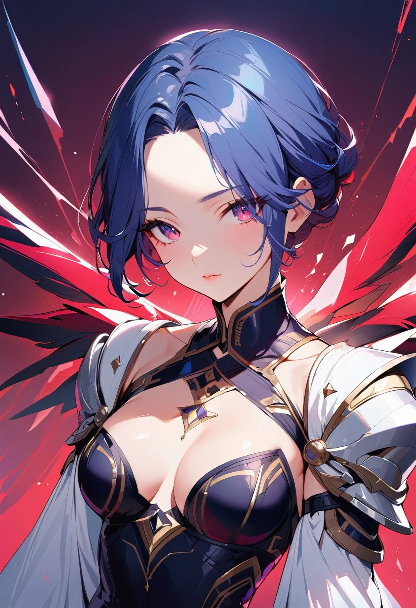 ((top quality)), ((masterpiece)), (detail), high resolution, perfect face, detailed eyes, fine eyes, BREAK (1girl), medium breasts, black hair, ((pixie cut, forehead)), (Noble knightly dress), Long robe with gorgeous patterns, vibrant colors, (simple background), light particles,