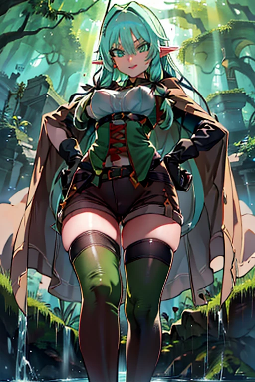 1girl,Leprechaun archers,Elf,Pointy Ears,Green Hair,Long Hair,Side Lock,Green Eyes,Hair Ribbon,Small breasts,(Perfect hands, Perfect Anatomy),Cape,Black gloves,Brown shorts,Green thigh-high socks,belt,Brown shorts,beltバッグ,
(The view is from very close below:1.5), (leg up), Sole, feet, looking at view,
High resolution,Sharp focus,(Super detailed,Very detailed),(Very detailed CG unity 8k wallpaper),(((Vibrant colors))),{best illustration},
very shiny 肌,Shiny body,plastic glitter 肌,exaggerated shiny 肌,illuminated skin,(complete anatomy),
Beautiful Eyes,Symmetrical eyes,Big eyes:1.5,Seductive eyes,Camel Toe,erection of nipple,
Hands on hips,
Open your mouth, Shy laugh,Arrogant look,Domineering smile,
Ancient forest,Forest Fountain,Silent Water Surface,Plants are overgrown,reflection,Dazzling Light, Ancient ruins buried in the forest,weed,