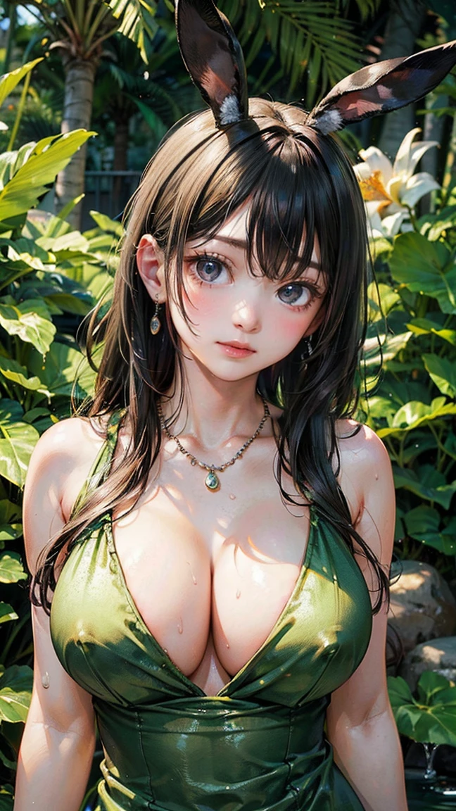 (masterpiece, Highest quality:1.3), (Super detailed:1.2), (hyperRealistic:1.3), (RAW Photos:1.2), High-definition RAW color photos, Professional photos, (PhotoRealistic:1.4), (Realistic:1.4), (Black hairstyle with bangs:1.5), Professional Lighting, Perfect ???????, (???????????:1.2), (blush, Detailed face), (Happy smile:1.7), Trending Hair&Trending Hairカラーをランダムに, Earrings, necklace, bracelet, ????, ?????? ????, Random ???? gravure poses, (???? woman in green silk dress、Tropical Garden、Straight Long Hair、Posing surrounded by flowers。:1.3),Bunny ears and bunny tail, ???? pose that emphasizes the ?????, Big cleavage,?????? slip, Large ??????, ????????????, ????? ???????,A tense and embarrassed look, Sweat, blushする, My body is soaked,