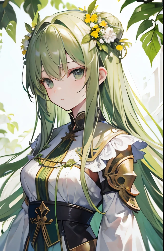 Best quality,high detail,masterpiece,1 woman,bright green long hair,gray eyes,clothes made of leaves,flower decoration