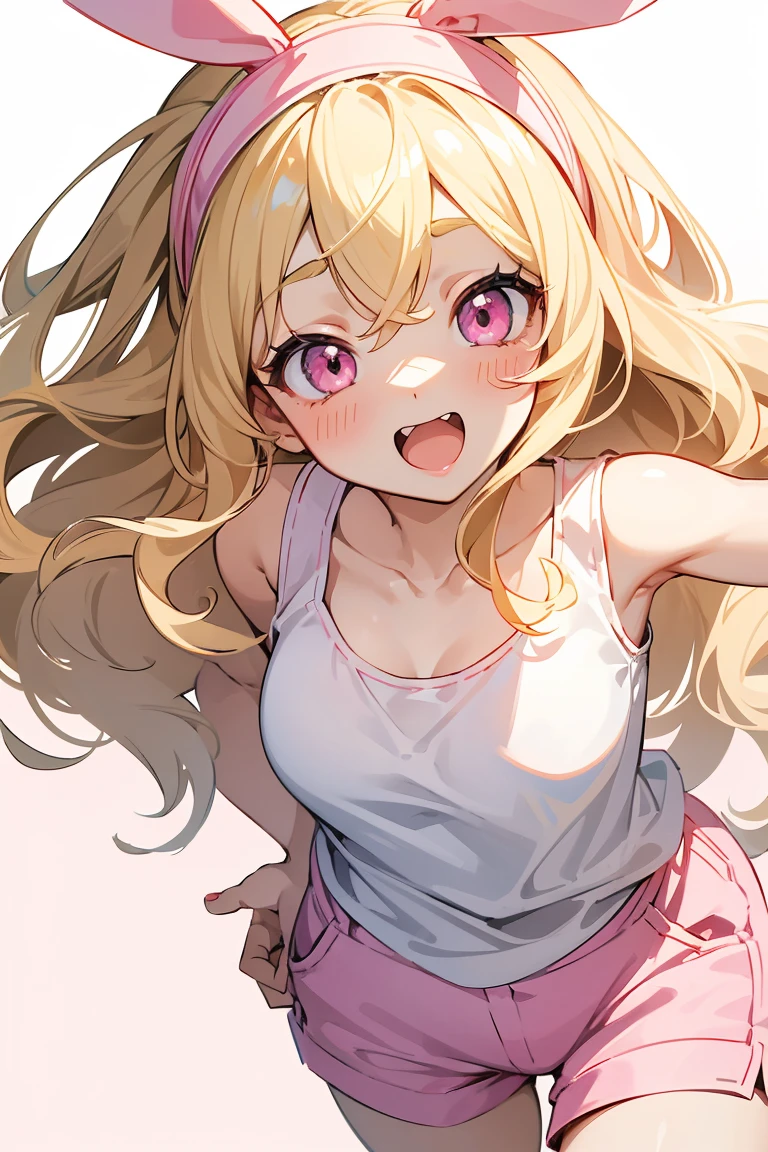 masterpiece, high quality, perfect face, high texture, 1 girl, 1 person, anime, cute face, insane expression, blonde hair, loose hair, long wavy hair, eyes open wide, big eyes, round eyes, pink eyes, small breasts, white tank top, pink woman short pants, look toward camera, smiling widely, pink bunny ribbon headband