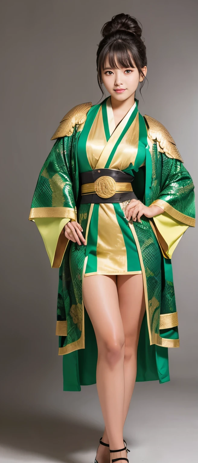 Tall cute girl knight、whole body、Good style、、、、、、、、、、Tanned thick legs、、Green and gold snake armor kimono（Snake Spear）、Neat and clean idol face、Glowing、