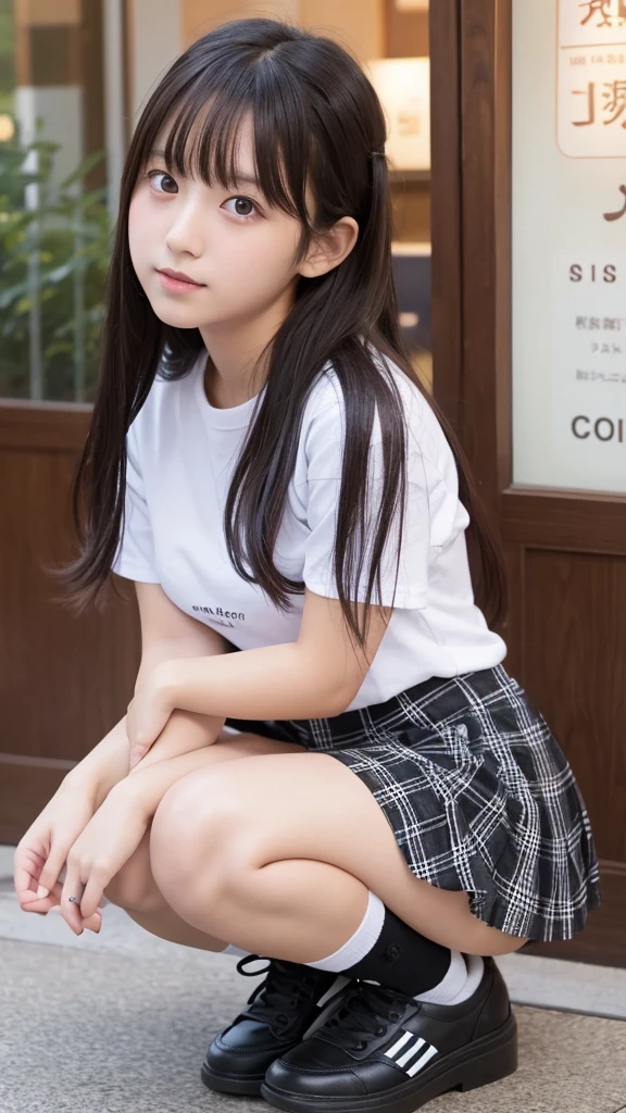 Japanese、18-year-old high school girl.White shirt、Black Checkered Mini Skirt、Thick thighs、Crouching、