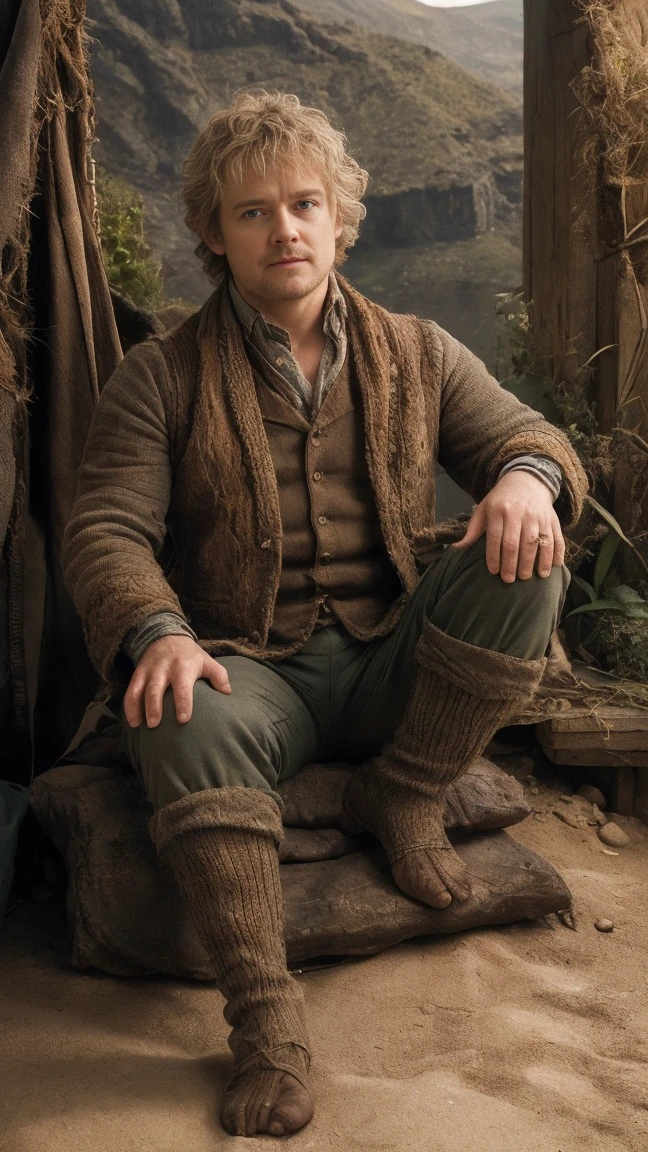  Martin John Christopher Freeman as Bilbo Baggins or the Hobbit There and Back Again,curly hair, without shoes, barefoot, big hairy feet, cinematic, against the backdrop of Mount Erebor Fantasy