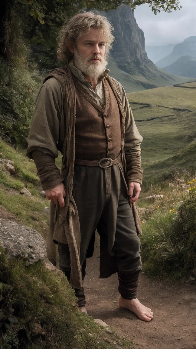 Martin John Christopher Freeman as Bilbo Baggins or the Hobbit There and Back Again,curly hair, without shoes, barefoot, big hairy feet, cinematic, against the backdrop of Mount Erebor Fantasy
